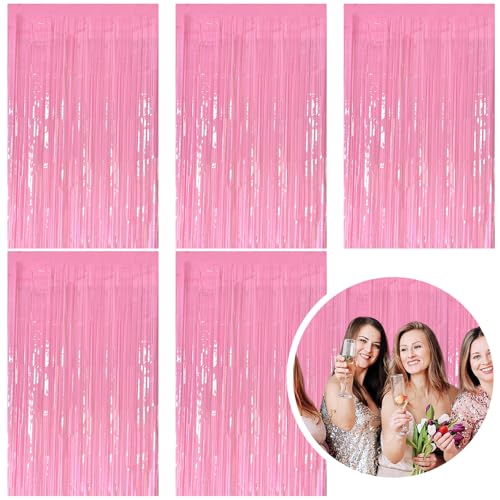 5 Pack Foil Curtain Pink Backdrop Streamers Metallic Tinsel Fringe Curtains Photo Booth Props for Birthday Wedding Engagement Bachelorette Christmas Holiday Celebration Party Decorations - color: Pastel Pink, size: 5 Pcs