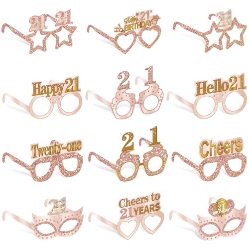 Guiruiy 24PCS 21st Birthday Paper Eyeglasses Decorations for Her, Pink Rose Gold Happy 21st Birthday Eyeglasses Gifts for Girls Women, Funny Finally 21 Year Old Birthday Glasses Party Supplies - style: Rose Gold 21st