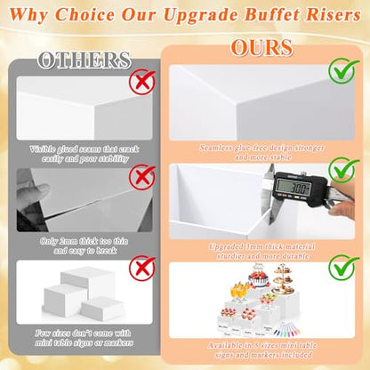 6 Pcs White Acrylic Buffet Risers with Mini Sign and Maker, Food Display Stands for Buffet Table Party Catering Dessert Jewelry Collectibles,Nesting Cube Boxes with Hollow Bottoms (8",7",6",5",4",4") - size: 8" 7" 6" 5" 4" 4"