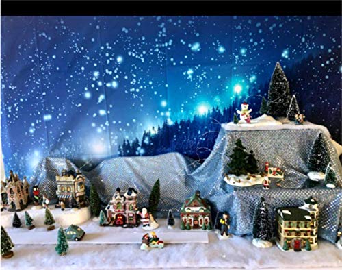 Leowefowa 5x3ft Christmas Backdrop Rustic Village Night View Forest Trees Snowing Shining Lights Blue Sky Winter Xmas Vinyl Photography Background Kids Children Adults Photo Studio Props