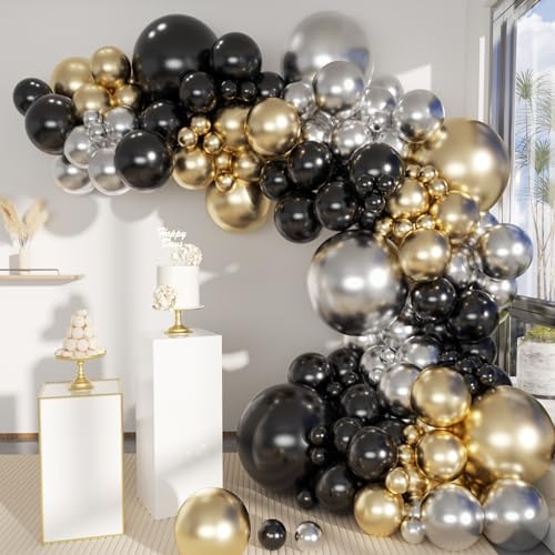 MEBAY Black Gold Silver Balloons Garland Arch Kit, 141Pcs Latex Balloons Different Sizes 18 12 10 5 Inch for Party Decorations, Wedding Backdrop, Birthday, Baby Shower, Graduation - color: 141-black-gold-silver