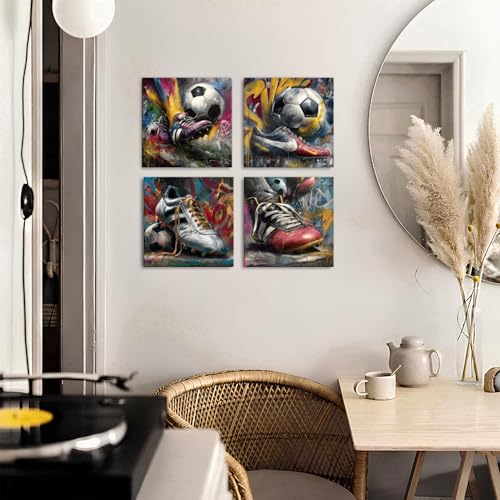 Vintage Sneaker Wall Art Soccer Wall Decor for Boys Room Colorful Graffiti Sports Picture Kids Toddler Playroom Canvas Prints, 4 Pieces Rustic Modern Abstract Football Artwork Home Decorations 12x12" - color: Football, size: 12"l X 12"w