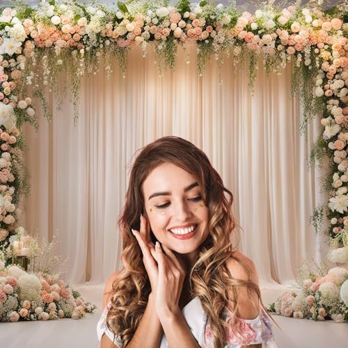 7x5ft Wedding Ceremony Backdrop, Luxury Elegant Style Wedding Backdrops, Party Arch Design, Decorated with Pink White Flowers Banner Props - size: 7x5ft