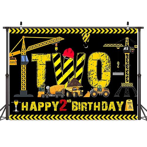 Construction 2nd Birthday Banner Decorations for Boys - Cartoon Truck Excavator Photograph Backdrop - Construction Birthday Party Supplies 7X5FT - color: Two Birthday, size: 7X5FT