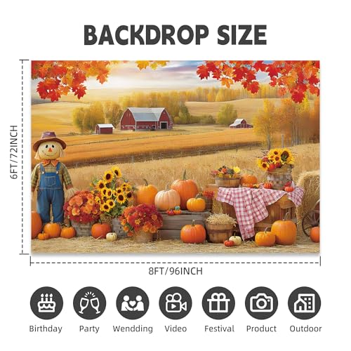 Fall Photography Backdrop 8x6ft, Autumn Maple Leaves Photo Background, Pumpkins Background for Thanksgiving Party, Farm Harvest Photo Booth Props - color: Autumn Backdrop-2, size: 8×6ft
