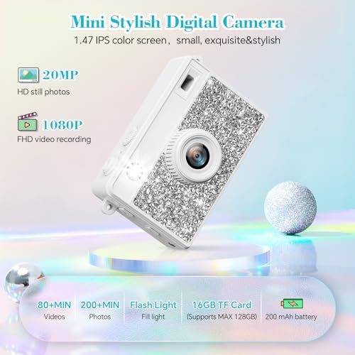 Mini Camera - 2K Mini Digital Camera with 16GB Card, Long Battery Life,Travel Vlog & Photo Shooting Anytime,Fashion Accessories, Necklace & Keychain Camera, Gifts for Friends and Women,White