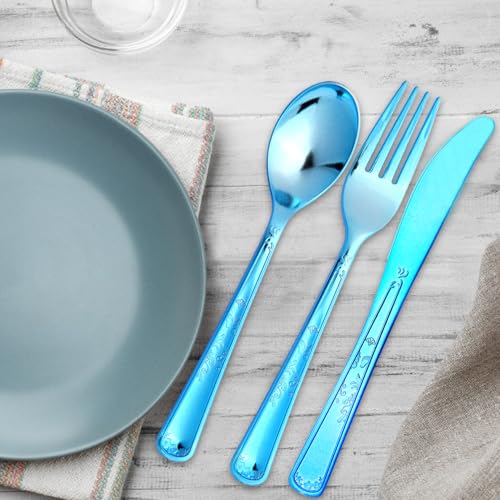 180 Pack Disposable Deep Blue Plastic Silverware Contain 60 Forks,60 Spoons,60 Knives, Solid and Durable Plastic Cutlery Utensils Set Perfect for Parties,weddings. - color: Deep Blue