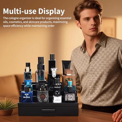 Perfume Organizer for Men, 4 Tier Wood Perfume Display Stand with Velvet Lining Drawer and Hidden Compartment for Watch,Jewelry,Perfume Display Risers,A Gift for Men (Black) - style: 4 Tier - Black