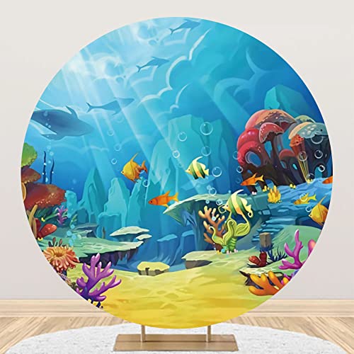 Laeacco 6x6ft Under The Sea Round Backdrop Cartoon Underwater Animals Circle Backdrop Cover Ocean Theme Happy Birthday Photo Background for Baby Shower Children Birthday Party Portrait Booth Props - size: 6x6ft-Diameter