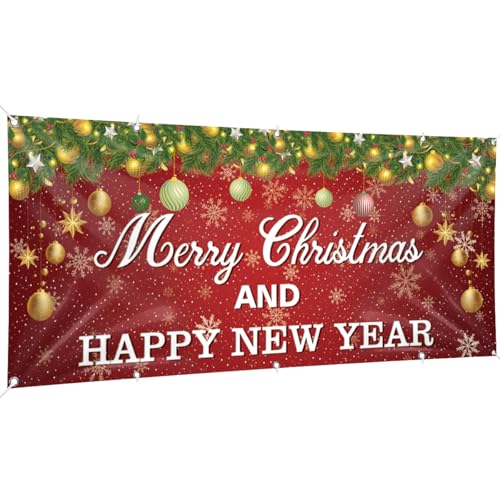 Christmas Garage Door Banner, 16ft x 7ft Merry Christmas Garage Cover Large Xmas Party Background Decoration for Photography, Holiday Photo Booth Props Outdoor Hanging Decor for Winter Supply - color: Christmas Red Gold
