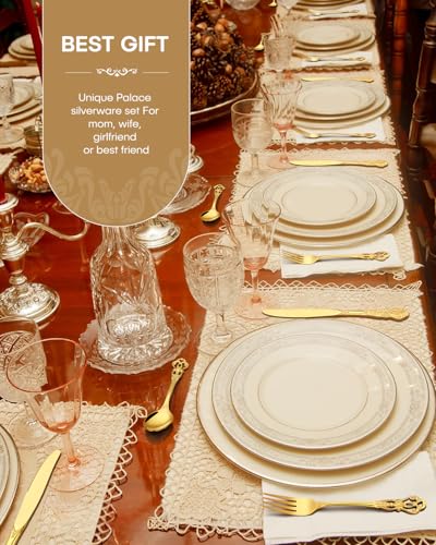 Stapava 40 Pcs Retro Royal Gold Silverware Set, Stainless Steel Gold Utensils Cutlery Set for 8, Gorgeous Flatware Set Include Forks Spoons and Knives set, Dishwasher Safe, Mirror Polished - style: Retro Royal Gold