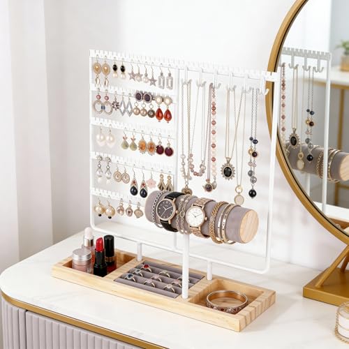 Ciormis Jewelry Stand Holder, 5 Tier Earring Holder Organizer with 72 Holes and 12 Hooks Jewelry Tower Necklace Tree Stand Hanger Bracelets Holder Storage with Ring Tray for Women Girls Gift (White) - color: White-new