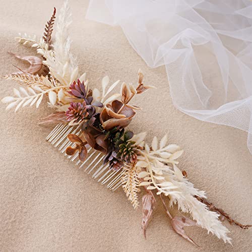 Wedding Flower Comb - Handmade Floral Hair Comb Bohemian Hair Combs for Women Girls Bride Bridesmaid Bachelorette Party Bridal Shower Maternity Shoot - color: Brown