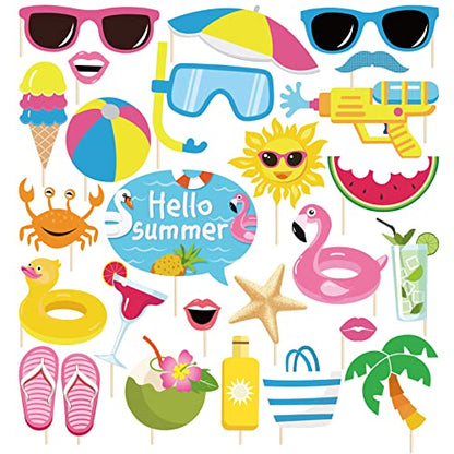 25Pcs Pool Photo Booth Props with Stick, Beach Summer Pool Party Decorations, Hawaiian Party Decorations Funny Selfie Photo Booth Props for Summer Hawaii Party Birthday