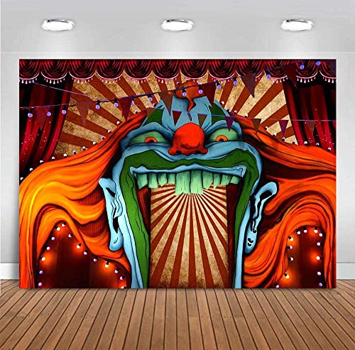 Scary Giant Clown Photography Backdrop Red White Stripe Carnival Photo Background Photo Booth Studio Props Supplies Horror Circus Haunted House 7x5ft Vinyl Halloween Party Banner Decorations - size: 7x5ft