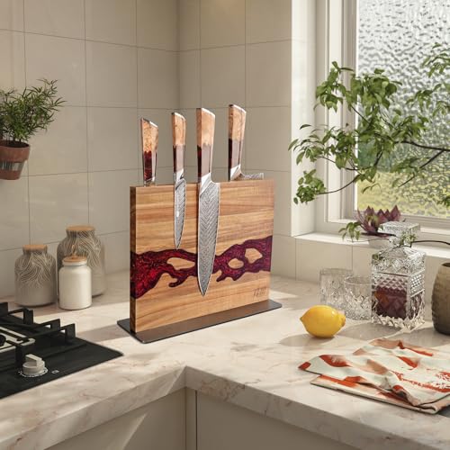 FINDKING Magnetic Knife Block, Double Sided Holder, Powerful Magnet Kitchen Storage, Acacia Wood and Red Resin (12 x 10 Inches, Without Knives) - color: Red