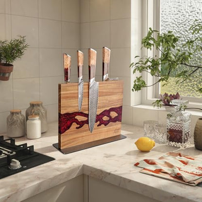 FINDKING Magnetic Knife Block, Double Sided Holder, Powerful Magnet Kitchen Storage, Acacia Wood and Red Resin (12 x 10 Inches, Without Knives) - color: Red