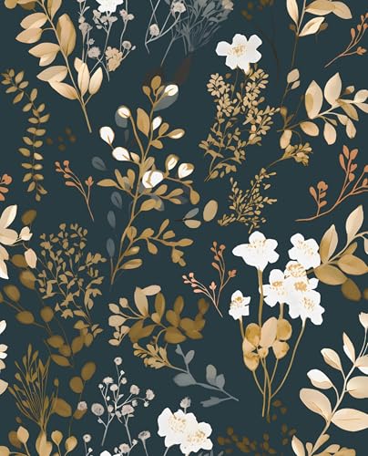 Laatse Navy Floral Wallpaper Peel and Stick Boho Wallpaper Vintage Blue/Gold Leaf Contact Paper Waterproof Self Adhesive Modern Wall Paper for Cabinet Walls Kitchen 17.5in x118in - color: Blue&White, size: 118" x 17.5"