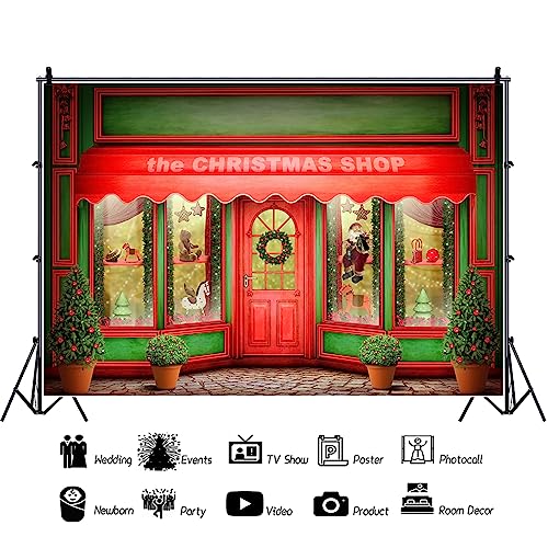 AOFOTO 10x6.5ft Red Christmas Shop Backdrop Front Door of Xmas Display Window Santa's Toy Store Photography Background Holiday New Year Party Banner Kids Baby Child Adult Portrait Photo Studio Props - size: 10x6.5ft