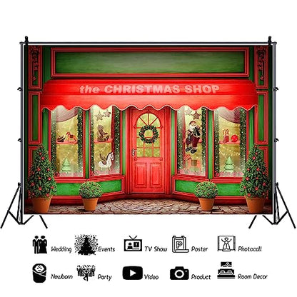 AOFOTO 10x6.5ft Red Christmas Shop Backdrop Front Door of Xmas Display Window Santa's Toy Store Photography Background Holiday New Year Party Banner Kids Baby Child Adult Portrait Photo Studio Props - size: 10x6.5ft