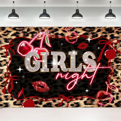 Leopard Print Backdrop 5Wx3H Feet Fabric Polyester for Girls Women Girls Night Cute Red Cherry Bow Lovely Birthday Cheetah Fashion Glitter Photography Background Banner Photo Shoot Decor Prop - color: A-01leopard cherry red, size: 5Wx3H