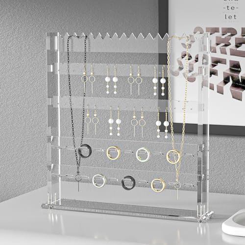 Acrylic Jewelry Holder Stand, Necklace Earring Ring Organizer Stand, Multi-Use Jewelry Storage Rack for Dresser Tabletop Nightstand Bedside Desk (Clear)