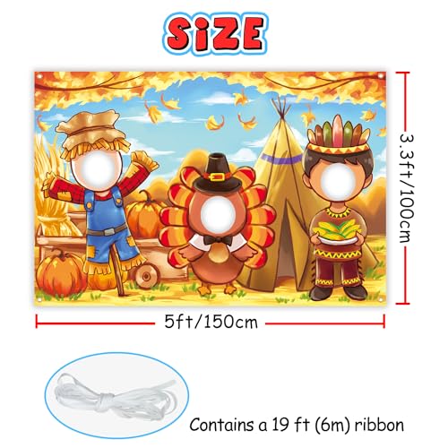 Thanksgiving Face in Hole Backdrop 5 x 3.3 ft, Scarecrow Turkey Indian Face Cutout Photo Props, Friendsgiving Party Photography Background, Fall Festival Turkey Day Decoration Kids Photo Booth Props