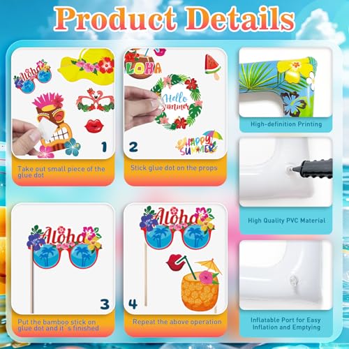 Hawaiian Photo Booth Props & Inflatable Frame, 30Pcs Luau Photobooth Props with Large Inflatable Inflatable Selfie Picture Frame for Summer Tropical Aloha Luau Party Selfie Supplies - color: Hawaii