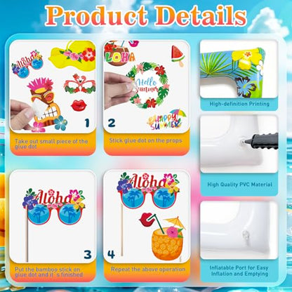 Hawaiian Photo Booth Props & Inflatable Frame, 30Pcs Luau Photobooth Props with Large Inflatable Inflatable Selfie Picture Frame for Summer Tropical Aloha Luau Party Selfie Supplies - color: Hawaii