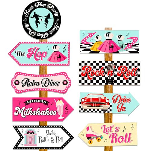 JeVenis 50s Sock Hop Photo Booth Props 50s Theme Party Decors 1950s Decorations Colorful Retro Home Sign Cutouts Decoration