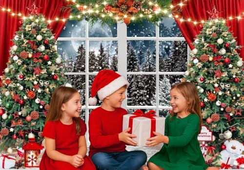 7x5ft Christmas Window Photography Backdrop Winter Merry Xmas Tree Background Night Snow Party Decoration Holiday Photo Banner Props - size: 7x5ft