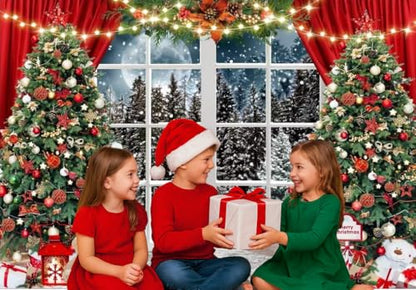 7x5ft Christmas Window Photography Backdrop Winter Merry Xmas Tree Background Night Snow Party Decoration Holiday Photo Banner Props - size: 7x5ft