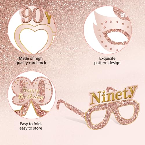 Guiruiy 24PCS 90th Birthday Paper Eyeglasses Decorations for Women, Pink Rose Gold Happy 90th Birthday Eyeglasses Party Supplies, Funny Ninety Year Old Birthday Glasses Photo Props Decor - style: Rose Gold 90th