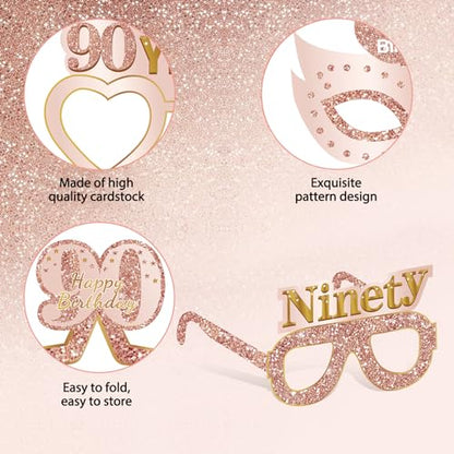 Guiruiy 24PCS 90th Birthday Paper Eyeglasses Decorations for Women, Pink Rose Gold Happy 90th Birthday Eyeglasses Party Supplies, Funny Ninety Year Old Birthday Glasses Photo Props Decor - style: Rose Gold 90th