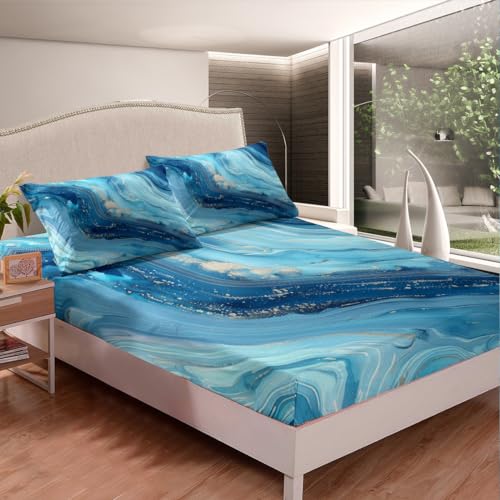 Navy Blue Marble Texture Bed Sheets Set Retro Watercolor Artwork Fitted Sheet for Kids Navy Blue Gold Decorative Bedding Set Golden Streaks Bed Cover 3Pcs Full Size - color: Multi 08, size: Full