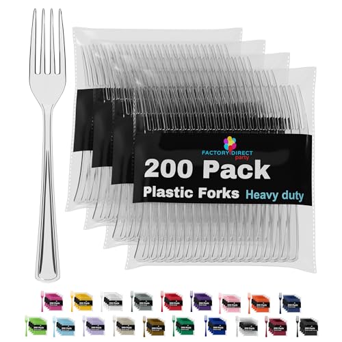 Party Solids Clear Plastic Forks 200 Pieces Clear Forks Disposable Utensils Heavy Duty Plastic Cutlery Set Disposable Cutlery Sets Flatware Sets Silverware Set Party Supplies & Party Tableware - color: Clear