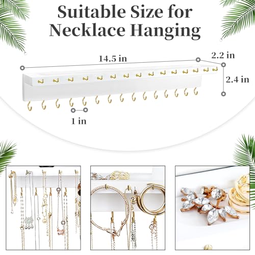YYILIS Necklace Holder, Upgraded Extra Large Wall Necklace Organizer with 30 Hooks Wall Mounted Necklace Hanger with Jewelry Tray/Cosmetics Shelf Rustic Pine Wood Holder (White) - color: White