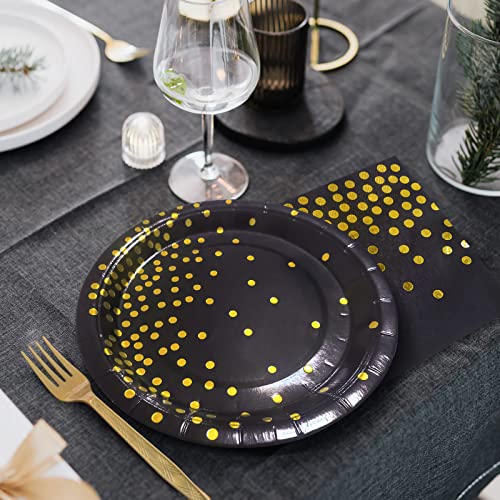 Serves 35 Guests Black and Gold Plates and Napkins Party Supplies,7" Black Paper Plates and Napkins,Disposable Party Dinnerware for Birthday Wedding,Graduation - color: Black Gold Dot Paper Plate