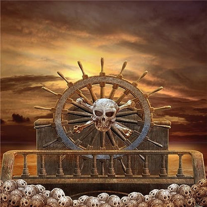 BELECO 8x8ft Fabric Pirate Backdrop Halloween Pirate Decorations Pirate Steering Wheel Scary Skulls Gloomy Sky Photography Background Kids Adult Pirate Theme Party Event Decorations Photoshoot Props - size: 8x8FT