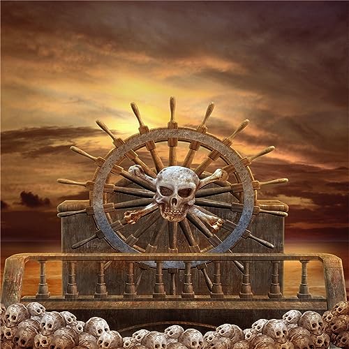 BELECO 8x8ft Fabric Pirate Backdrop Halloween Pirate Decorations Pirate Steering Wheel Scary Skulls Gloomy Sky Photography Background Kids Adult Pirate Theme Party Event Decorations Photoshoot Props - size: 8x8FT
