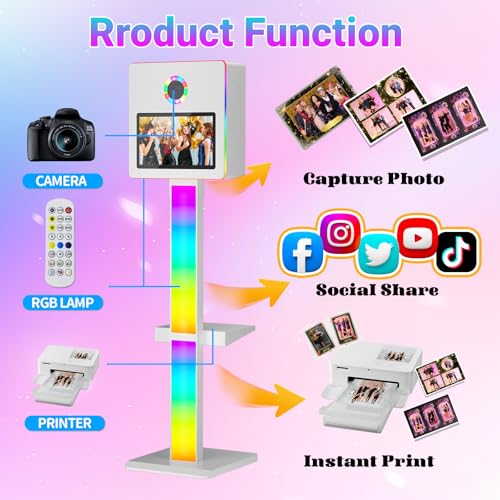 DSLR Photo Booth Built-in Mini PC and Flight Case Mirror Photo Booth with 15.6" Touch Screen RGB Lights App Control for Parties Weddings Event Rentals (White) - color: White