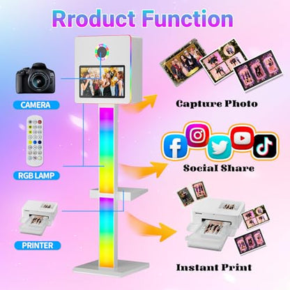 DSLR Photo Booth Built-in Mini PC and Flight Case Mirror Photo Booth with 15.6" Touch Screen RGB Lights App Control for Parties Weddings Event Rentals (White+Printer) - color: White+printer