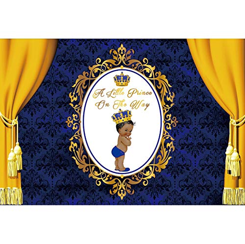 Leyiyi 10x6.5ft A Little Prince on The Way Backdrop Royal Prince Crown Cute Baby Gold Dark Blue Photography Background Lace Curtain Texture Decor Banner Newborn Boy Baby Shower Dessert Table Decor - size: 10x6.5ft