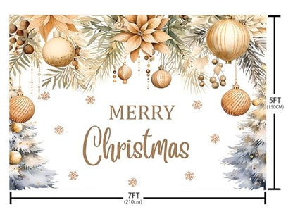 MEHOFOND Merry Christmas Backdrop Christmas Party Decorations Banner Xmas Gold Glitter Xmas Balls Snowflake Photography Background Winter New Year Eve Festival Party Supplies Photo Booth Props 7x5ft