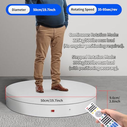 19.7In Remote Large Motorized electric turntable Rotating platform Photography Turntable Motorized lazy susan Base giratoria para for Photography,3D Scanner,Heavy duty display(Load Range:220~500lbs) - size: 19.7inch/White/500Lbs Load