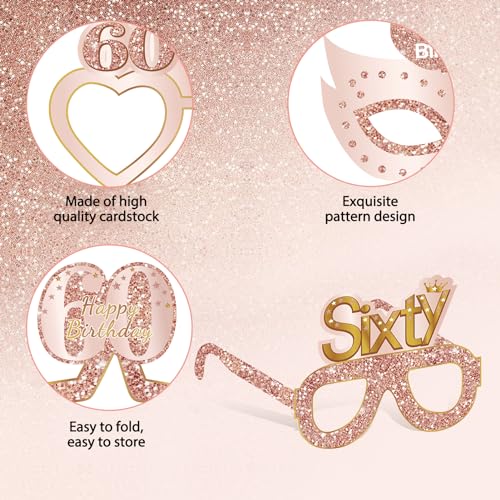 Guiruiy 24PCS 60th Birthday Paper Eyeglasses Decorations for Women, Pink Rose Gold Happy 60th Birthday Eyeglasses Party Supplies, Funny Sixty Year Old Birthday Glasses Photo Props Decor - style: Rose Gold 60th