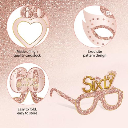 Guiruiy 24PCS 60th Birthday Paper Eyeglasses Decorations for Women, Pink Rose Gold Happy 60th Birthday Eyeglasses Party Supplies, Funny Sixty Year Old Birthday Glasses Photo Props Decor - style: Rose Gold 60th