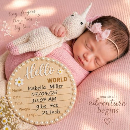 Wonhibo Pearl-Trimmed Newborn Announcement Sign - Baby Hospital Photo Prop Wooden Name Board Card for Birth Welcome Hello World - color: Pearl