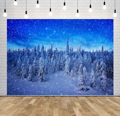 BELECO 10x6.5ft Fabric Winter Snow Forest Backdrop Snowy Pine Forest Snowflakes Blue Winter Wonderland Background Christmas Party Decorations Banner Photo Video Props - size: 10x6.5FT