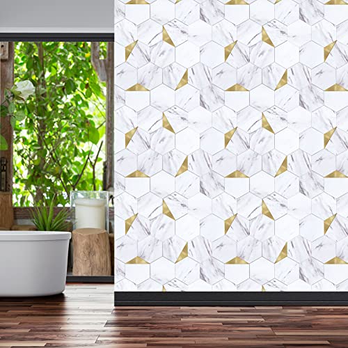 Peel and Stick Backsplash for Kitchen,New Upgrade Premium Hexagon Peel and Stick Backsplash, Seamless Backsplash Tile for Bathroom,（10-Sheet Carrara White Marble and Metal Gold） - color: Carrara White